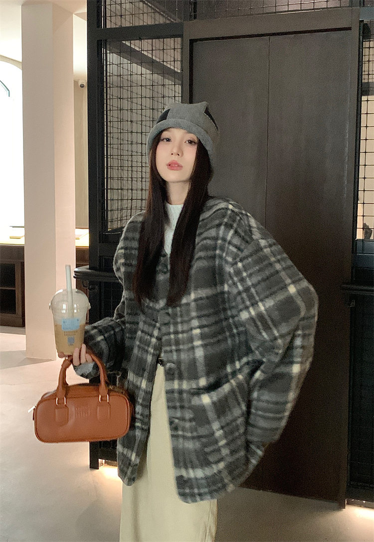 實拍 美式復古格子毛呢外套寬鬆休閒開衫上衣