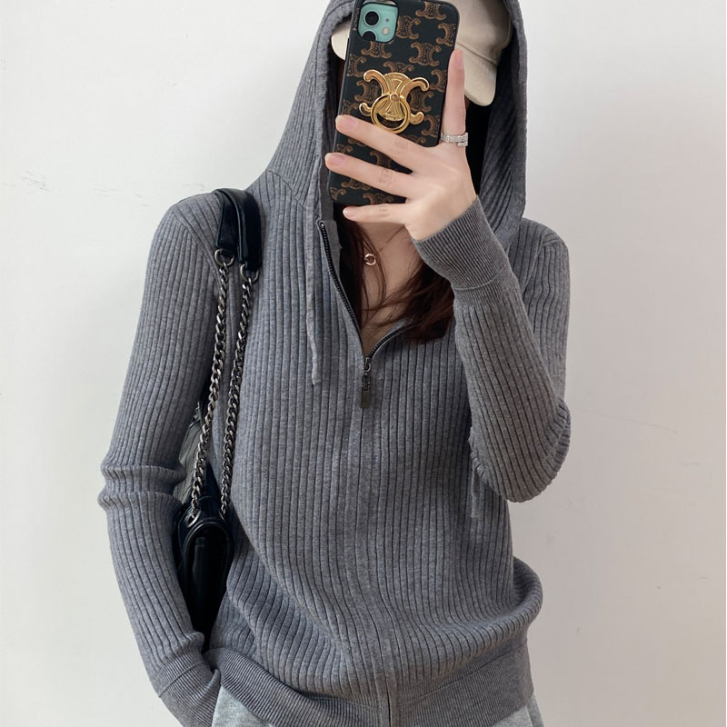 洋氣新款連帽開衫灰色針織衛衣女春秋冬寬鬆休閒帶帽拉鏈上衣外套