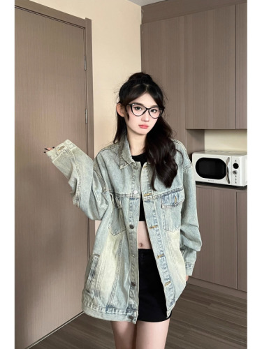 American Hong Kong style washed denim jacket for women casual and versatile college style retro loose casual long-sleeved jacket top