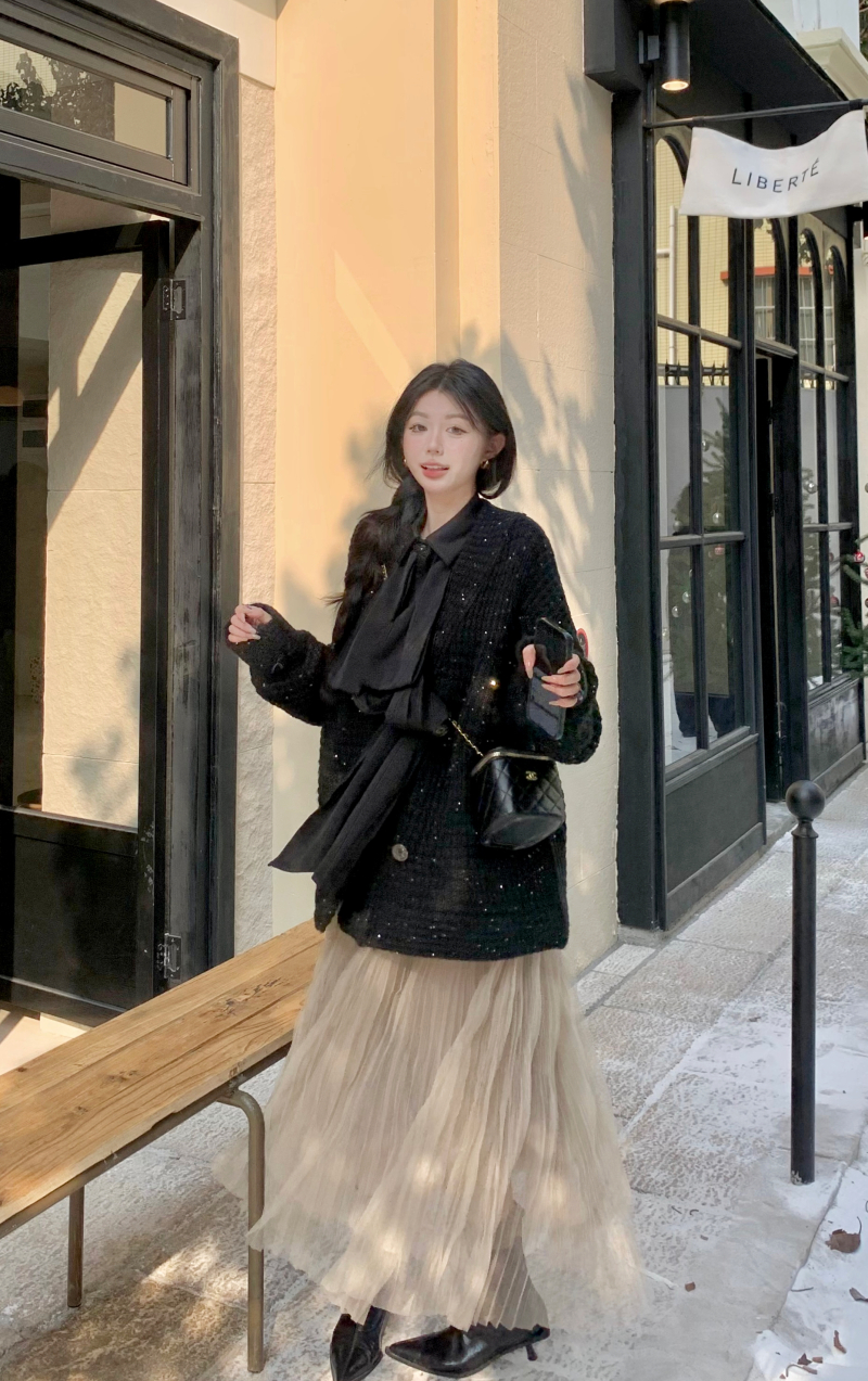 實拍 黑璀璨雙排扣毛衣外套+絲緞雙層系帶襯衫+層疊仙氣紗裙