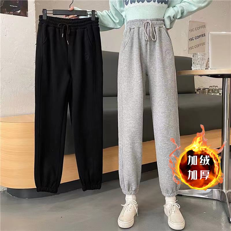 實拍-冬裝複合加絨加厚闊腿寬鬆休閒褲女