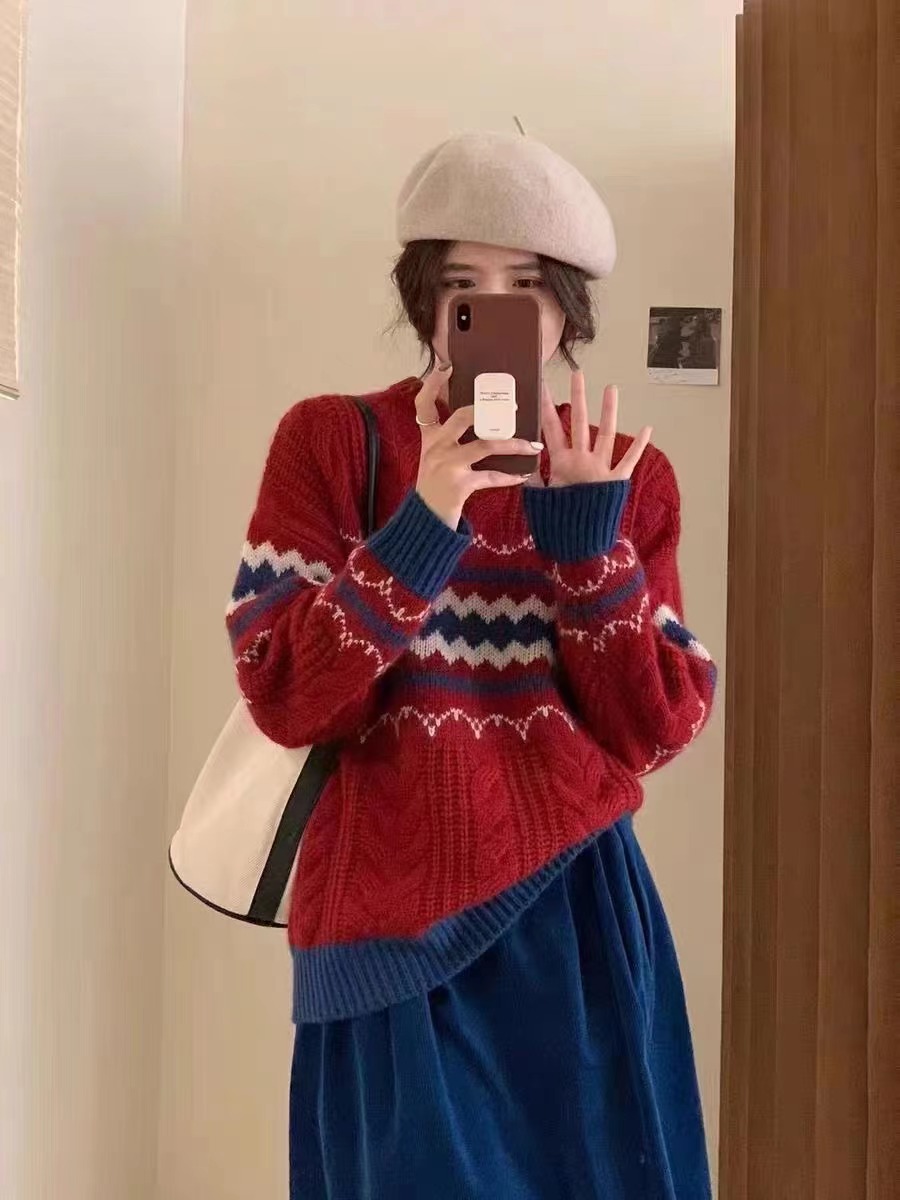 網圖 復古撞色提花毛衣女糯厚實羊毛圓領套頭針織