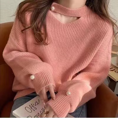 日系慵懶風珍珠掛脖長袖毛衣女秋冬洋氣外穿設計感軟糯針織衫上