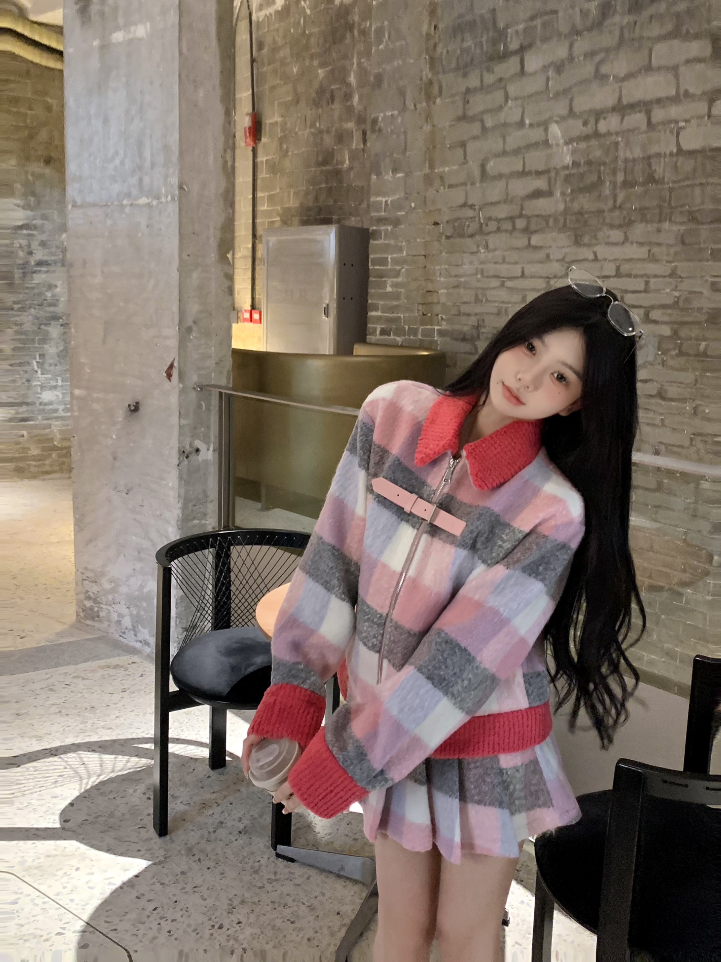實拍小香風撞色格紋毛呢外套氣質套裝秋冬高腰半身裙褲兩件套