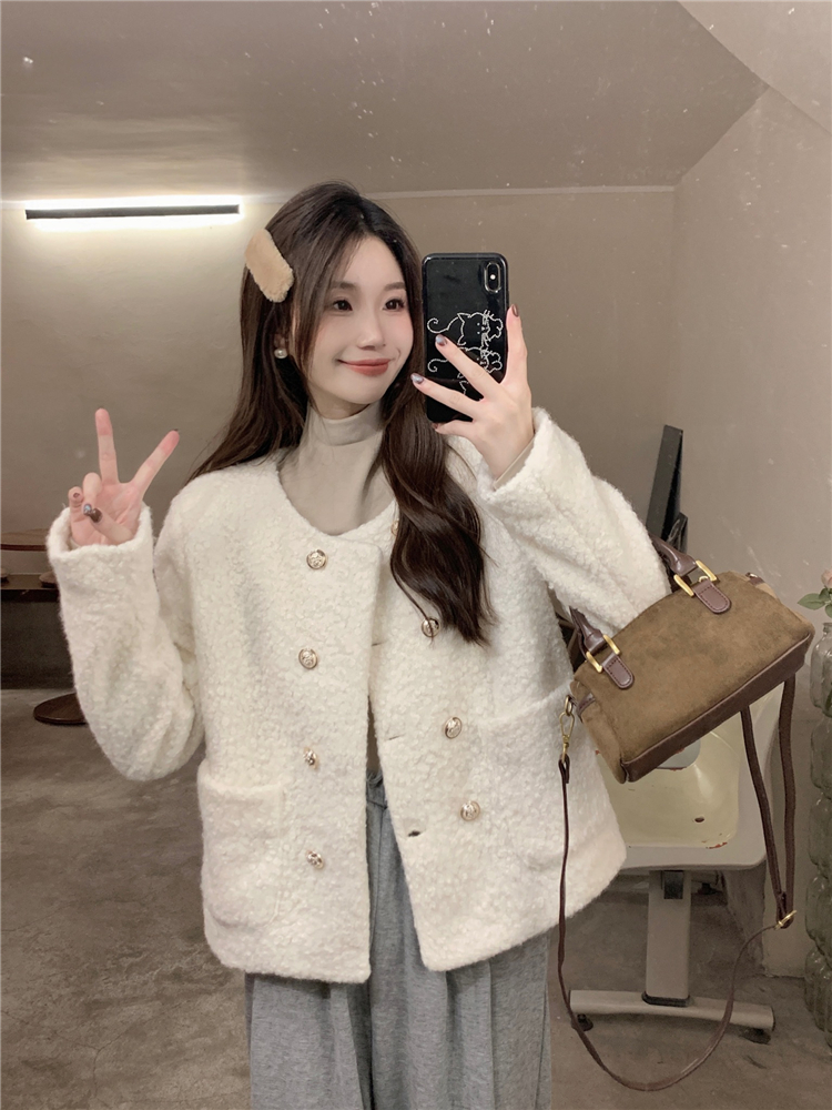 實拍！毛絨短款小香風外套韓版復古圓領雙排扣小個子氣質開衫