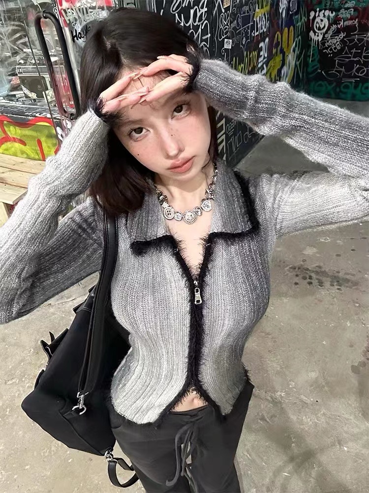 FunnJ方幾 漸變陷阱復古拼色開衫毛衣外套女慵懶打底內搭針織上衣