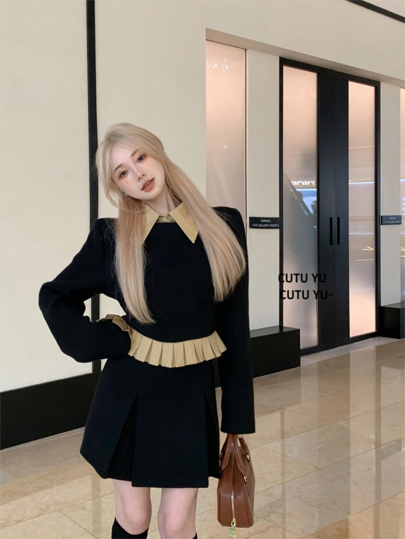 實拍 冬季款修身百搭時尚學院風穿搭兩件套短裙套裝女裝