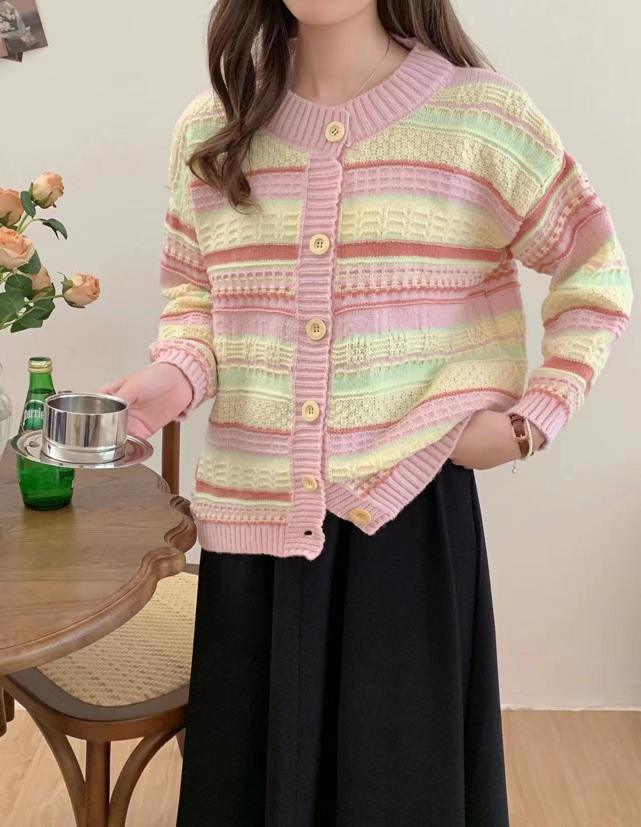 奶fufu慵懶風粉色條紋毛衣開衫女秋季外穿軟糯寬鬆圓領針織衫外套