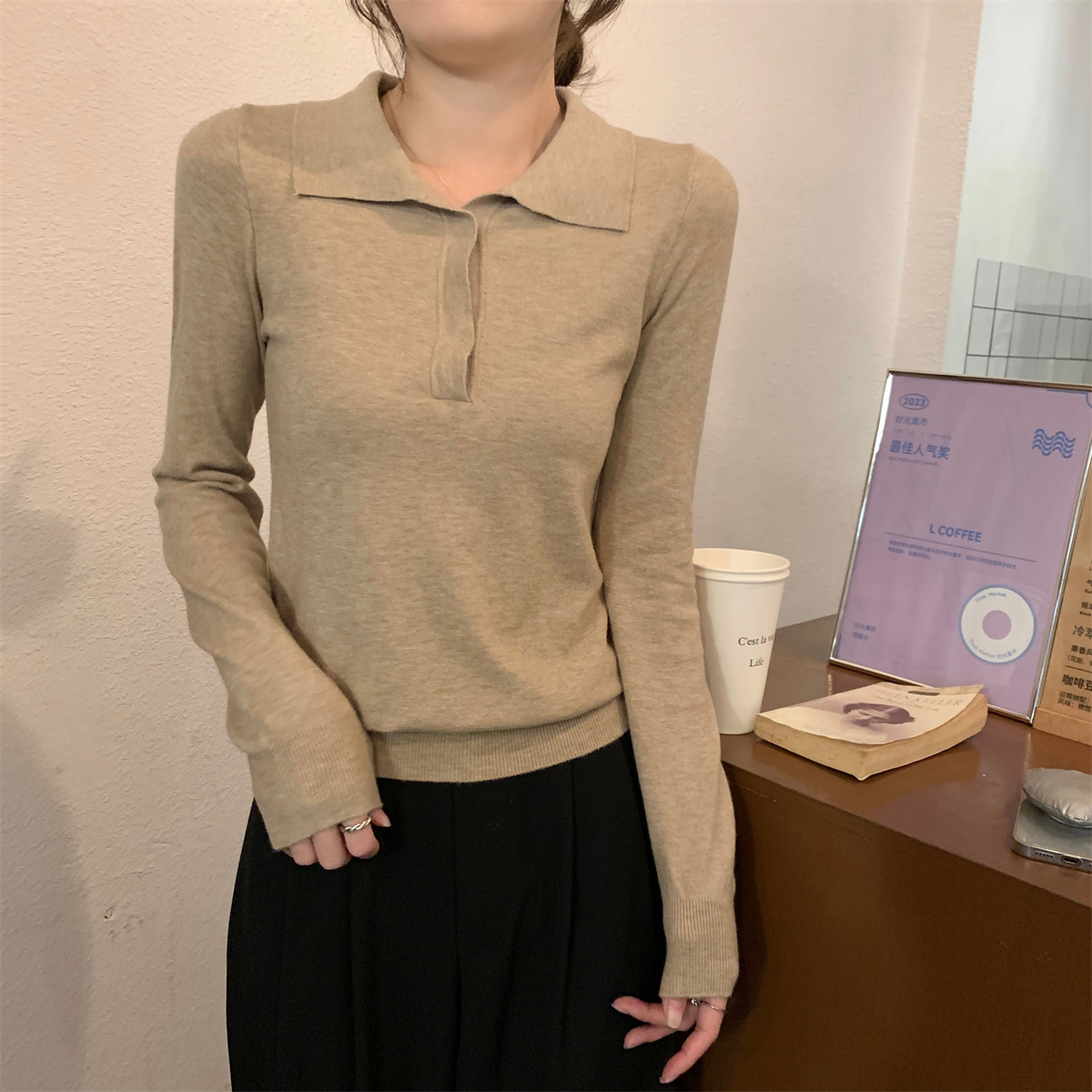 Actual shot of autumn and winter Korean style slim polo collar casual and versatile Andy velvet inner knitted bottoming sweater for women