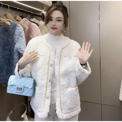 Large size fat 2023 small fragrant style fur one-piece coat for women autumn and winter new thickened warm casual loose top for women