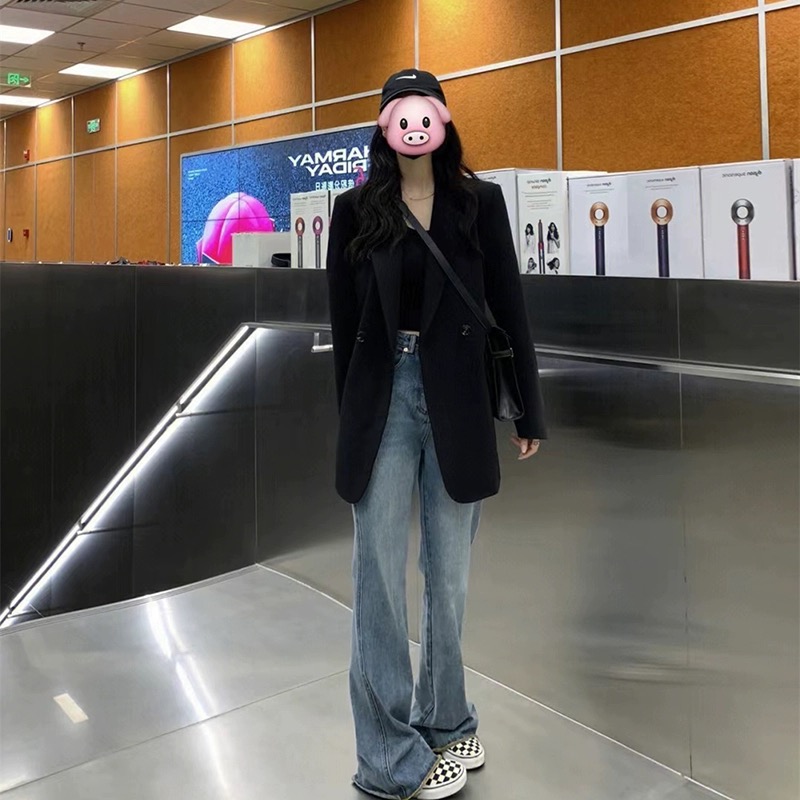美式復古微喇叭牛仔褲女秋冬高腰寬鬆直筒加長拖地褲子潮ins高街