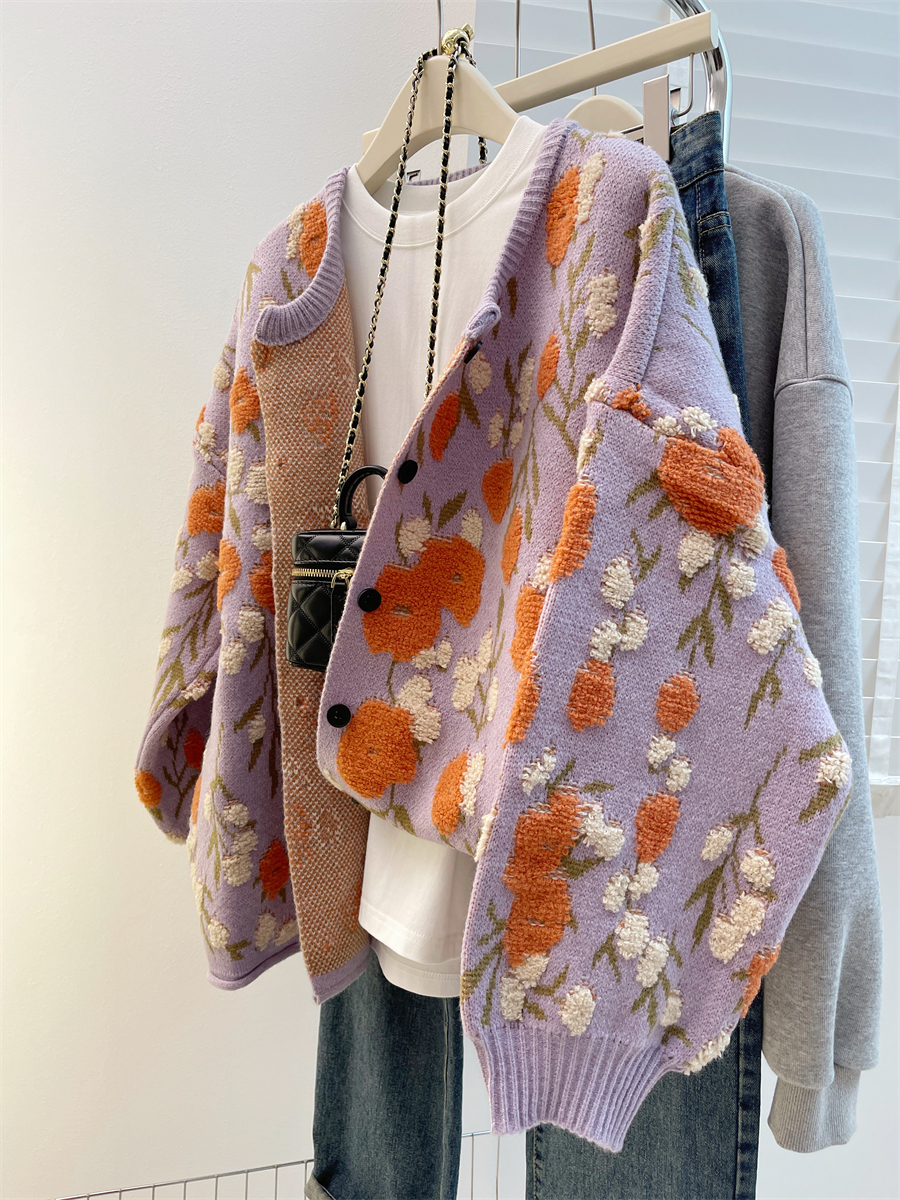 加厚開衫植絨刺繡毛衣外套女復古立體花朵秋冬韓版寬鬆上衣女