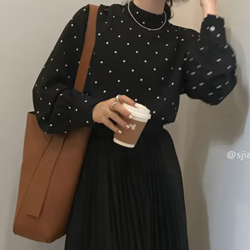 韓國chic法式復古黑白小波點半高領寬鬆泡泡袖打底襯衫上衣女