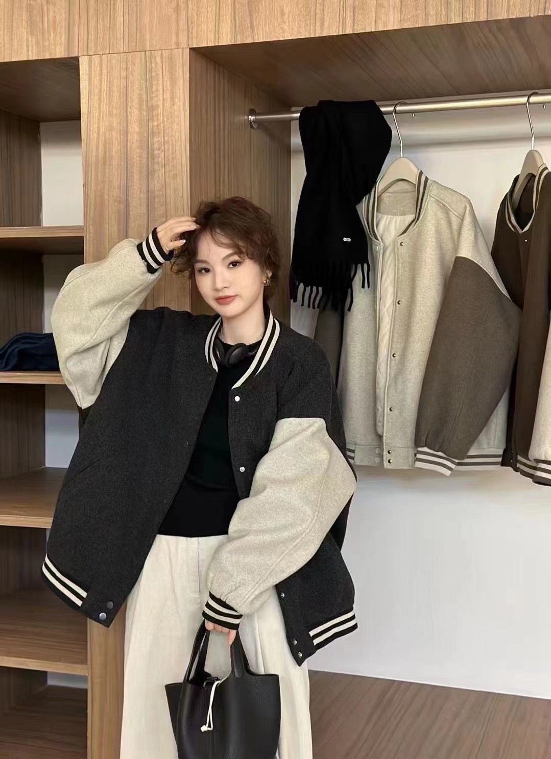 College style woolen patchwork baseball uniform quilted jacket for women 2023 winter loose and slim cotton coat for women trendy