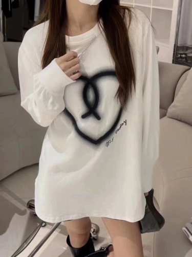Thickened fleece long-sleeved T-shirt for women 2023 autumn and winter love letters printed casual loose round neck chain top