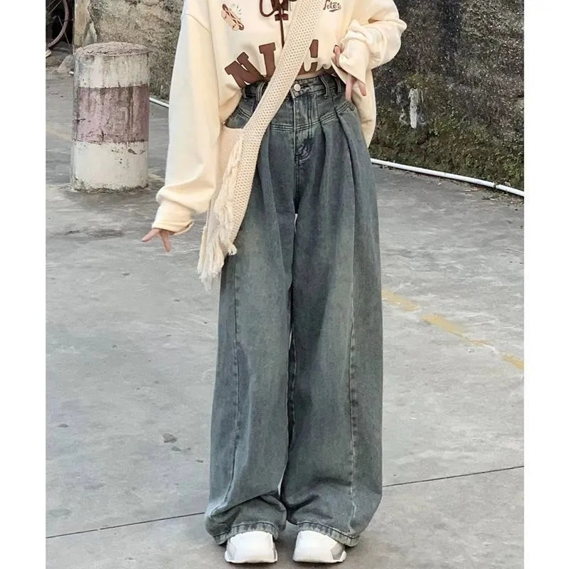 美式復古闊腿牛仔褲女新款設計感高腰顯瘦寬鬆ins直筒拖地褲