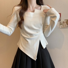 Real shot~ Fat MM large size autumn and winter new square neck plain color pleated irregular grinding hair design slimming base shirt T-shirt 
