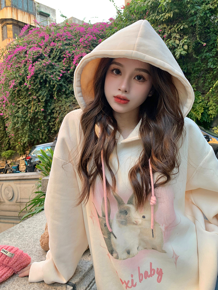 310g imitation cotton interwoven fabric, non-pilling, winter velvet sweatshirt for women with hooded print, double layer hood with back strip