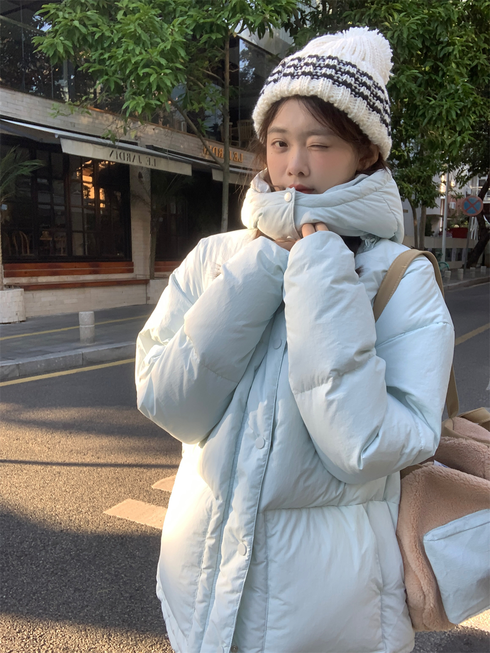 Real shot of baby blue hooded thickened cotton coat Korean style versatile warm mid-length coat for women