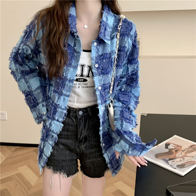 原版提花流蘇毛格子 復古別致長袖襯衫女秋季中長款寬鬆上衣ins