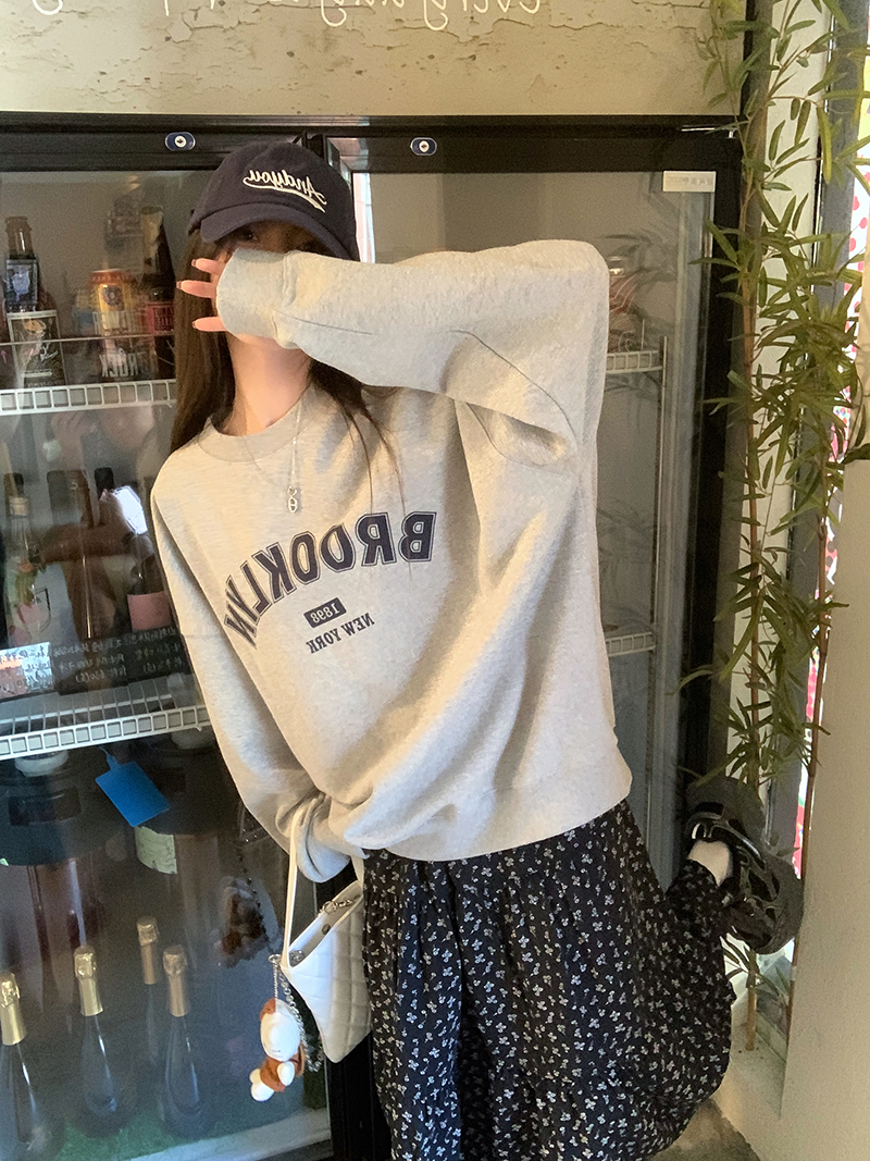 港味美式字母圓領長袖套頭衛衣女秋季新款加絨風寬鬆顯瘦百搭上衣