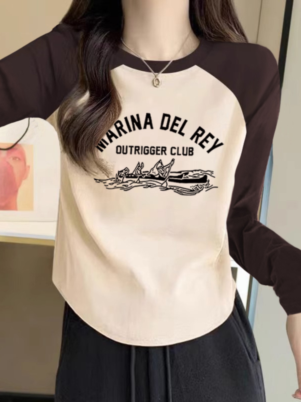 Fashionable round neck raglan sleeves short slim fit design niche American retro long-sleeved T-shirt women mm contrast color top