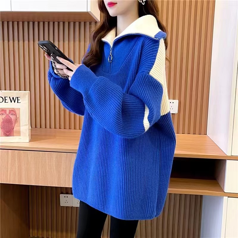 加厚中長款高領毛衣女設計感2023新款秋季拼色寬鬆慵懶風上衣外穿
