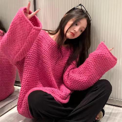 韓系復古慵懶風粗針毛衣女秋冬加厚寬鬆高級感溫柔針織套頭上衣