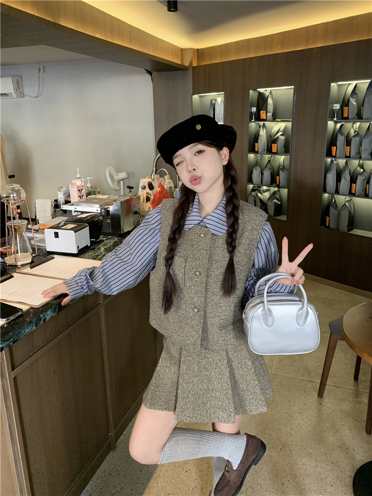 實拍~美拉德套裝女馬甲襯衫短裙長裙半身裙秋冬套組