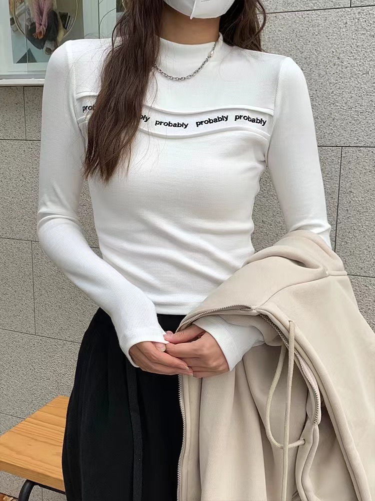 白色半高領打底衫女春季內搭2023新款修身長袖t恤女短款緊身上衣