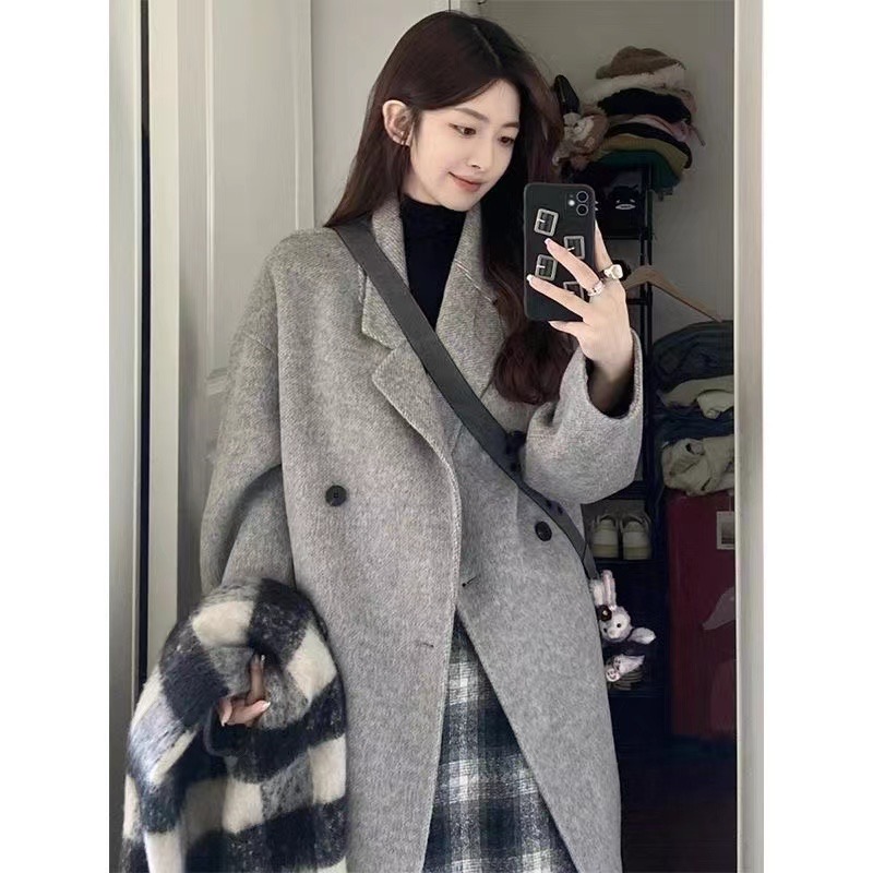 Women's mid-length woolen coat 2023 spring and autumn new style Hepburn style small person loose Korean woolen coat