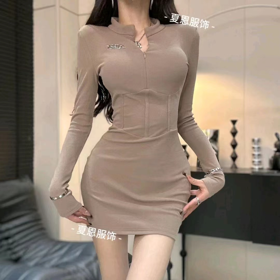 琪琪推薦高級感辣妹拉鏈修身長袖連衣裙女包臀短款裙66339