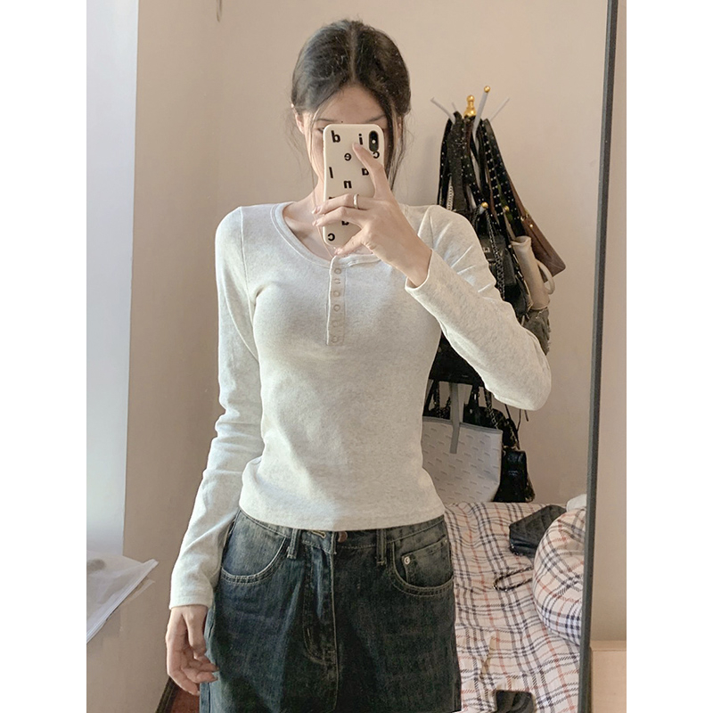 美式復古白色長袖t恤女內搭秋冬新款修身顯瘦短款上衣長袖打底衫