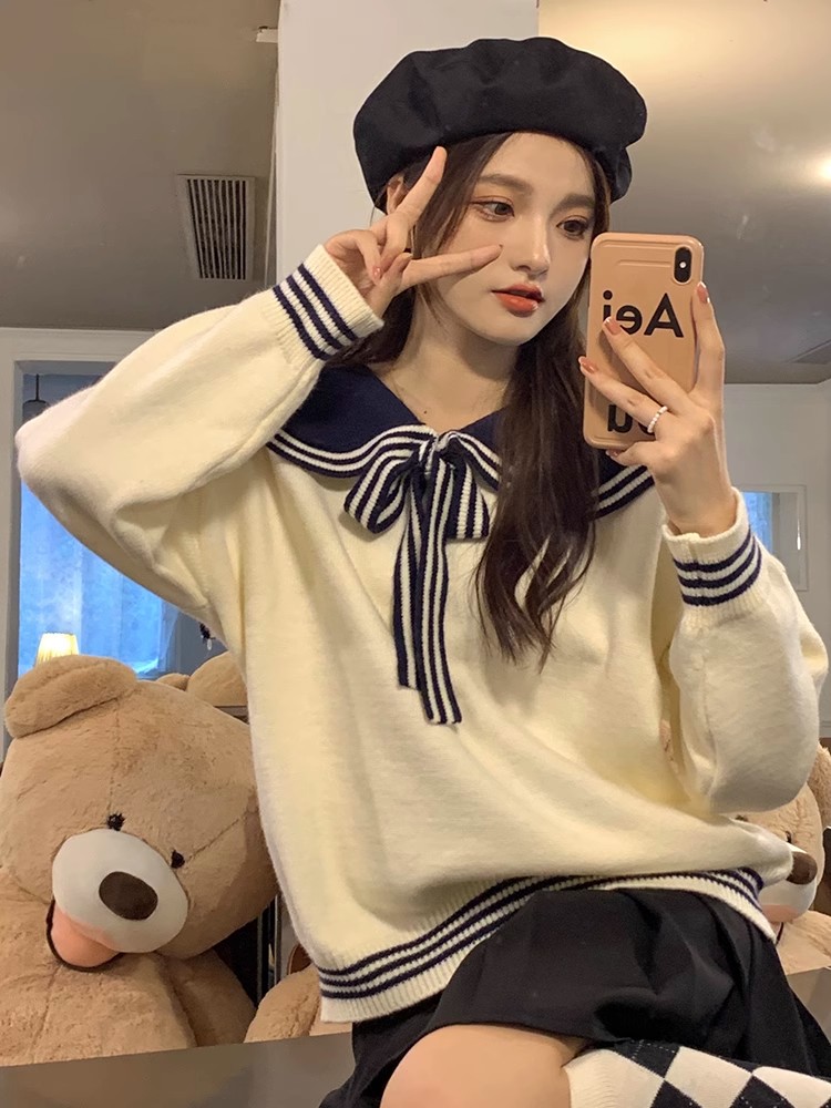 College Style Navy Neck Sweater Women's Autumn and Winter 2023 New Design Loose Sweet Lazy Knitted Sweater Top