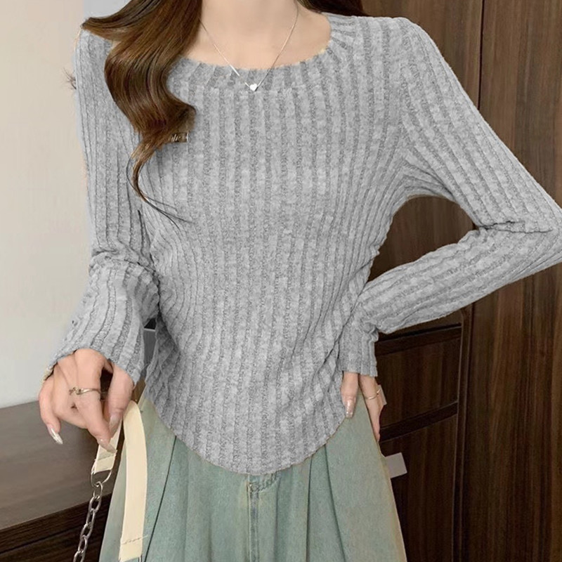 Pure Desire Versatile Round Neck Long Sleeve Knitted Waist Sweet Slim Fit Versatile Bottoming Shirt Slimming Temperament Top Women's Autumn and Winter