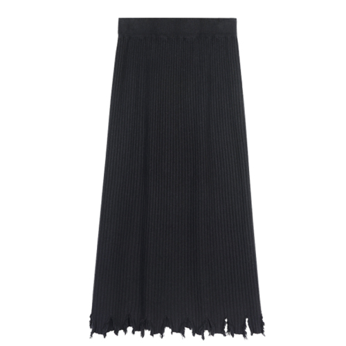 Black knitted skirt for women, autumn and winter, slimming, high waisted, tassel design, hip-hugging skirt, mid-length a-line skirt