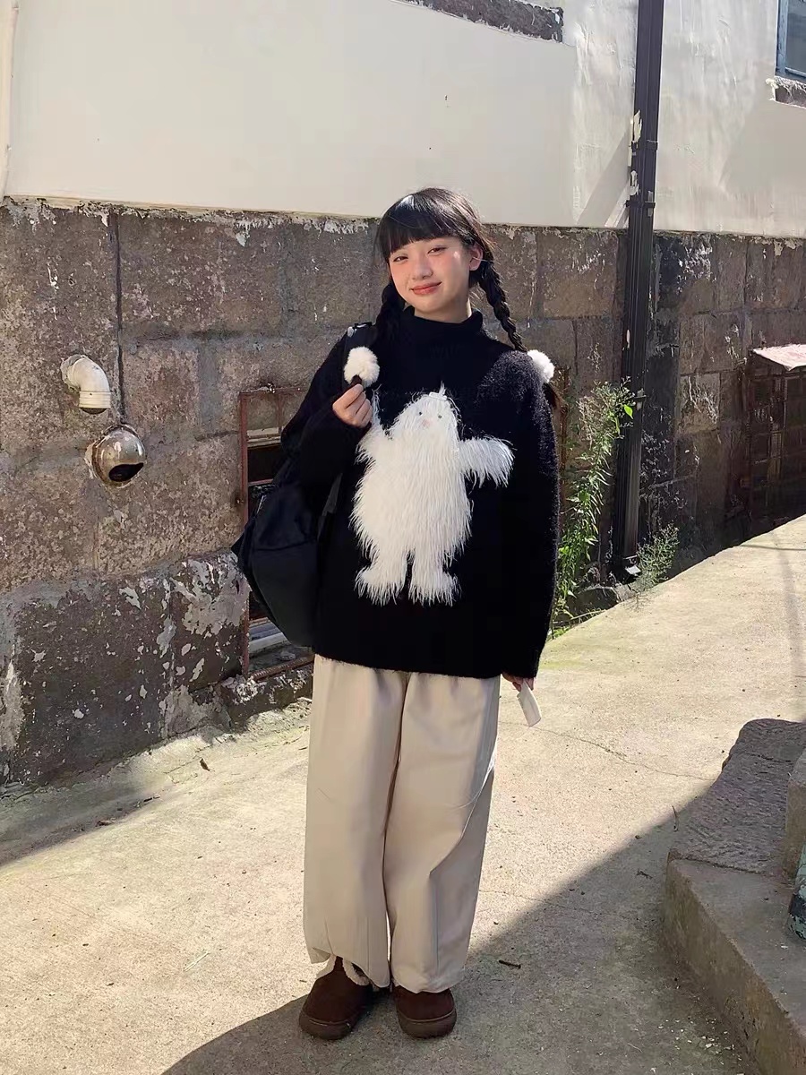 嘿山姥姥羊毛長毛雪怪毛衣女秋冬寬鬆慵懶風甜美可愛套頭針織上衣