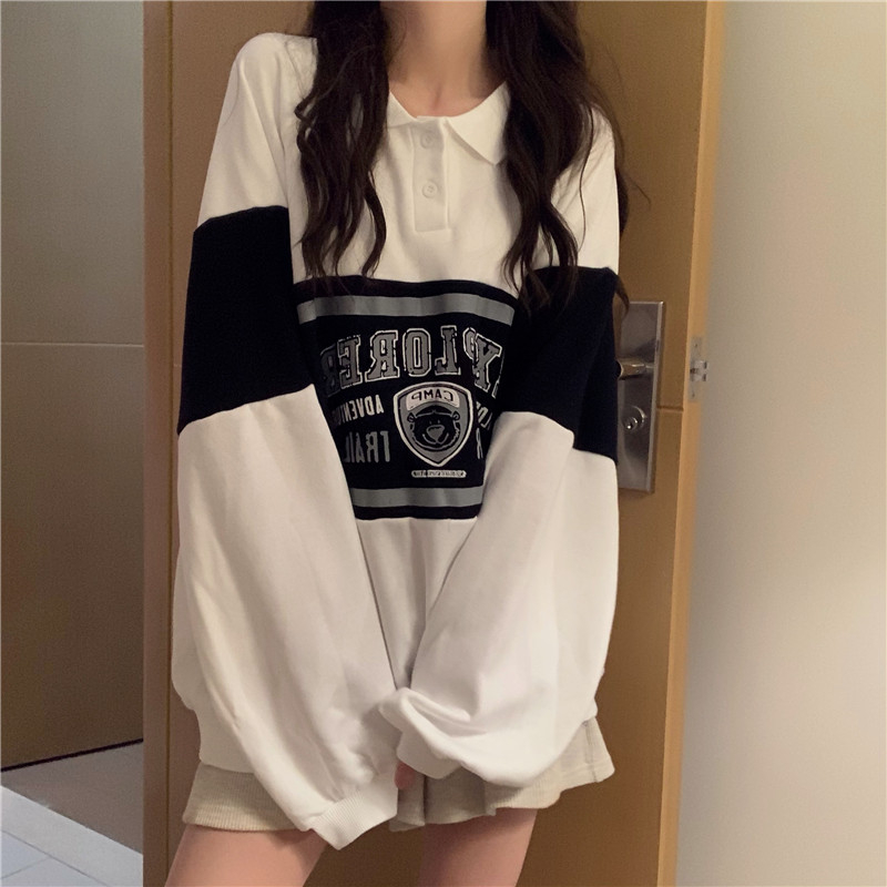 秋裝薄款美式復古POLO領印花衛衣女原宿風