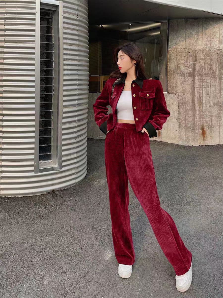 燈芯絨套裝女2023秋冬季新款時尚氣質名媛Polo領外套闊腿褲兩件套
