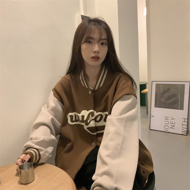 American retro patchwork letter baseball jacket for women spring and autumn vintage loose jacket flight suit top