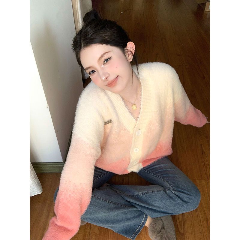 美式辣妹設計漸變色針織毛衣百搭開衫上衣