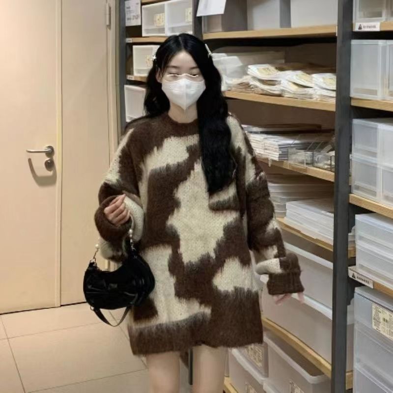慵懶風扎染設計感別致圓領毛衣女2023春秋新款寬鬆中長款上衣