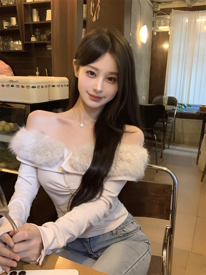 實拍 秋季新款一字肩毛毛領辣妹性感上衣