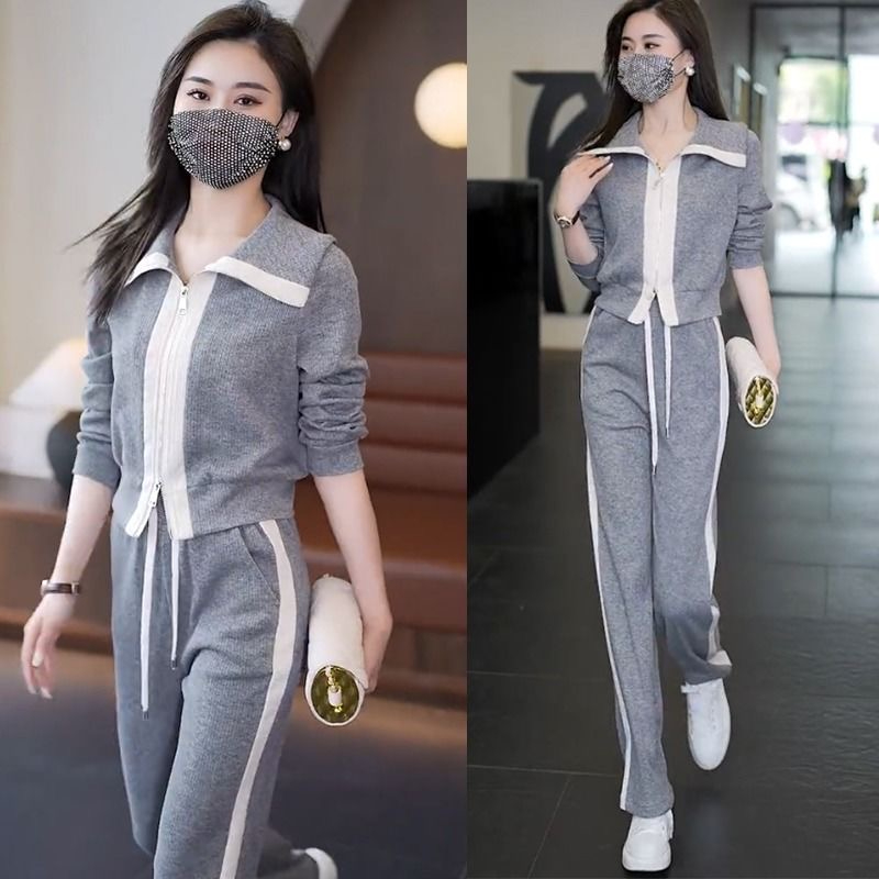 時尚休閒套裝女兩件套春秋運動服洋氣拼色衛衣拉鏈外套長褲子#832