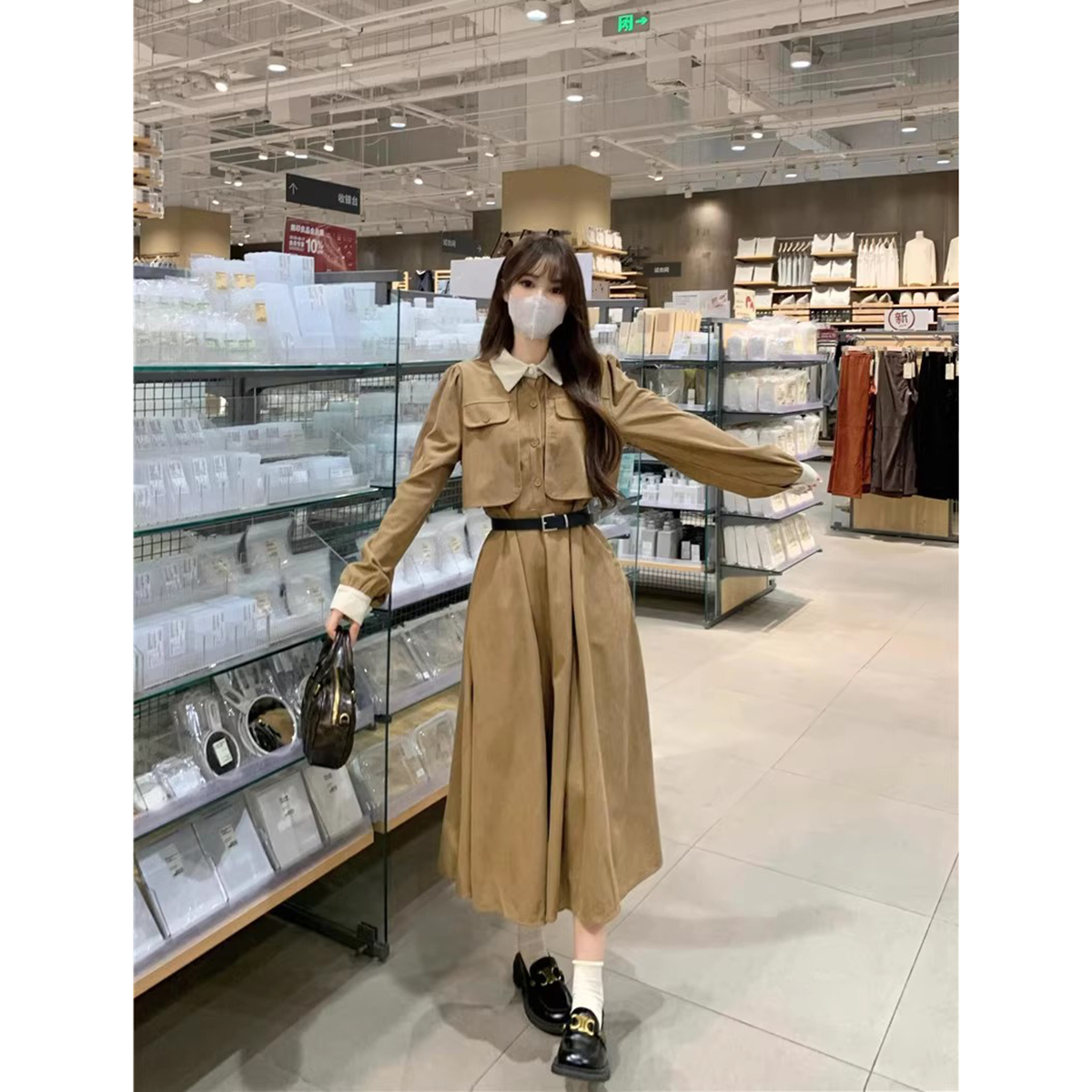 Corduroy Autumn and Winter 2023 New Hepburn Style Waist Slimming Contrast Color Fake Two-piece Mid-Length Dress Long Skirt for Women