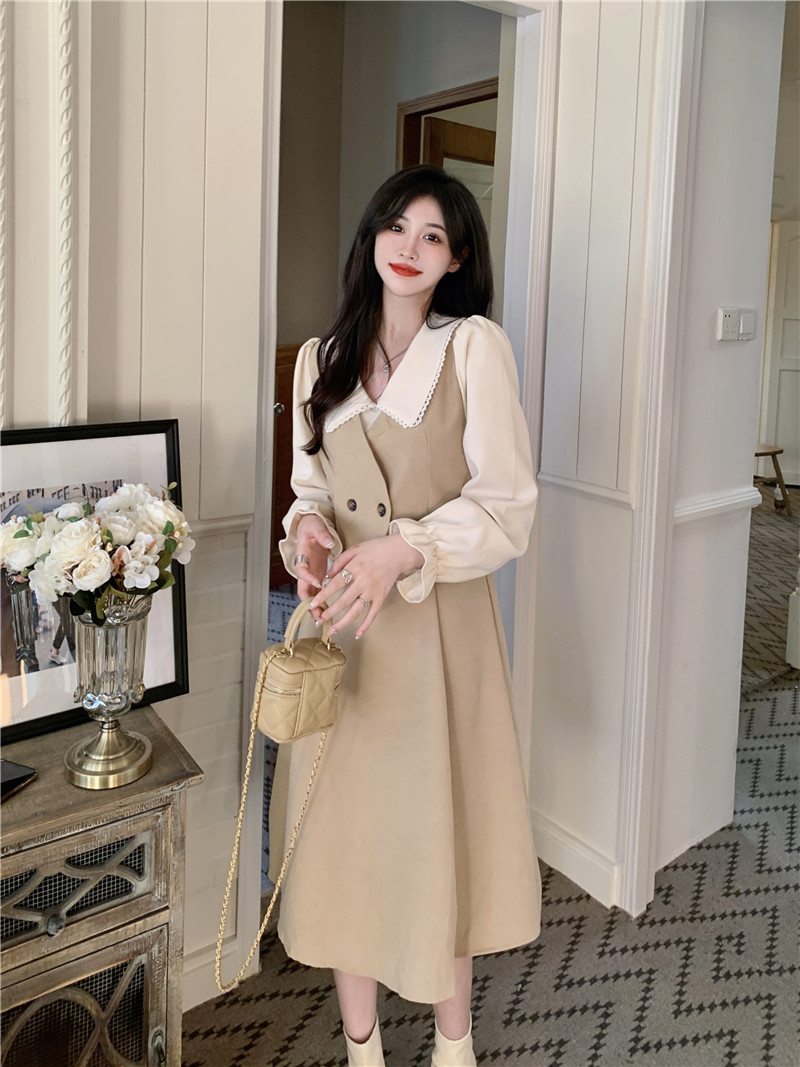 Real shot~French retro doll collar long-sleeved fake two-piece mid-length dress brushed corduroy long skirt