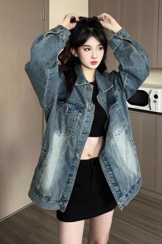 American Hong Kong style washed denim jacket for women casual and versatile college style retro loose casual long-sleeved jacket top