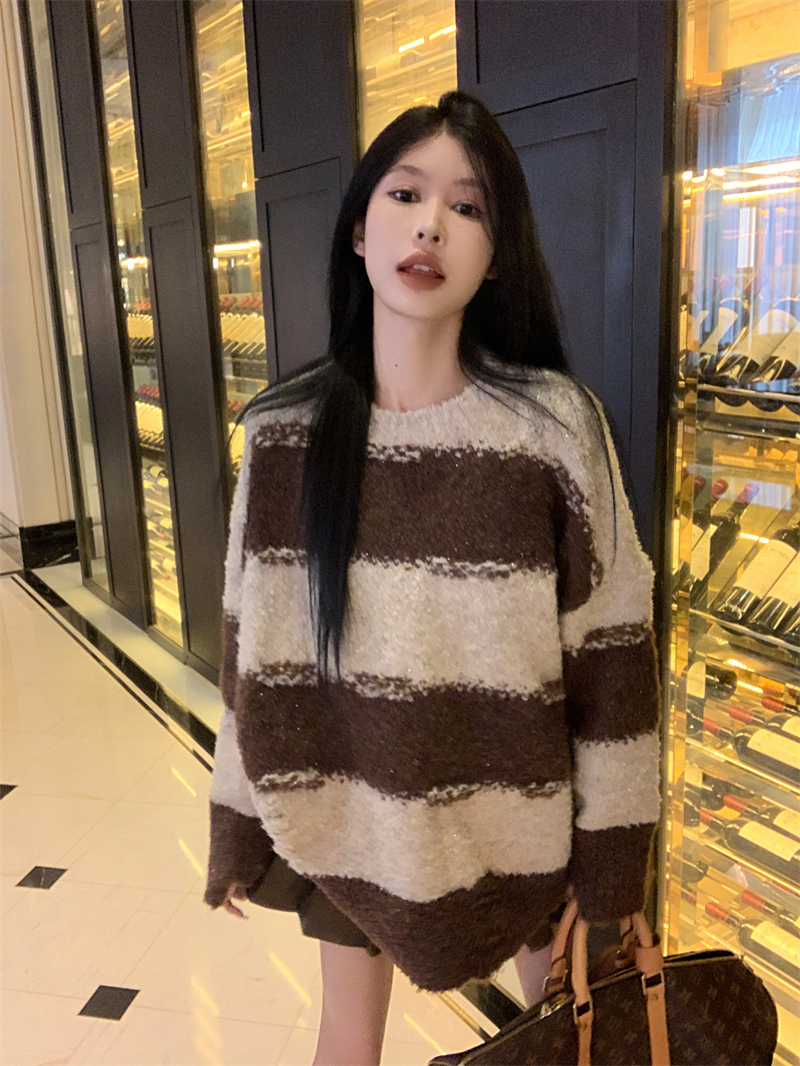 實拍 寬鬆慵懶中長款港味氣質咖色條紋針織衫毛衣