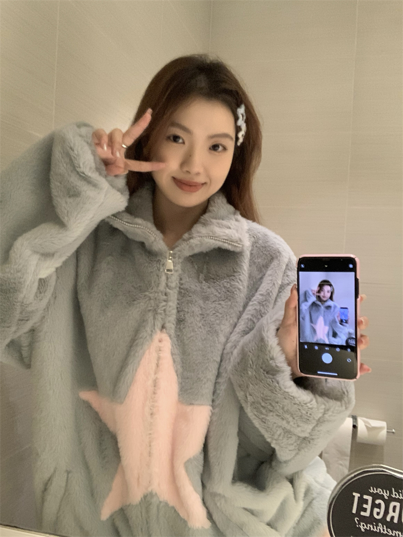 實拍~韓系鬼馬少女毛茸茸撞色星星羊羔絨寬鬆外套