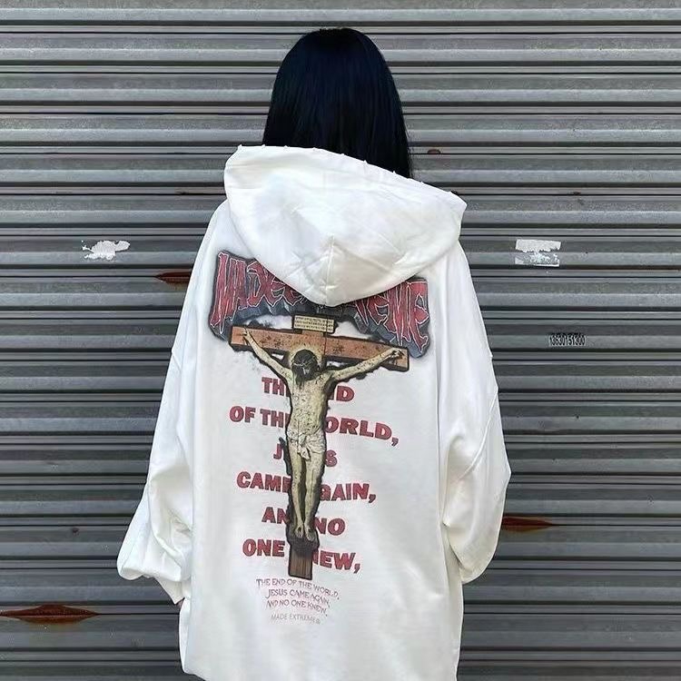 暗黑高街風歐美印花連帽做舊水洗衛衣刺繡男女復古寬鬆#2054